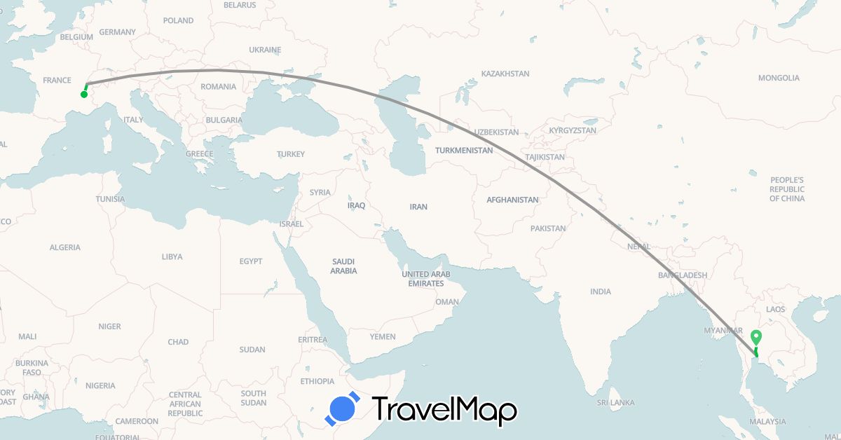 TravelMap itinerary: driving, bus, plane in Switzerland, France, Thailand (Asia, Europe)